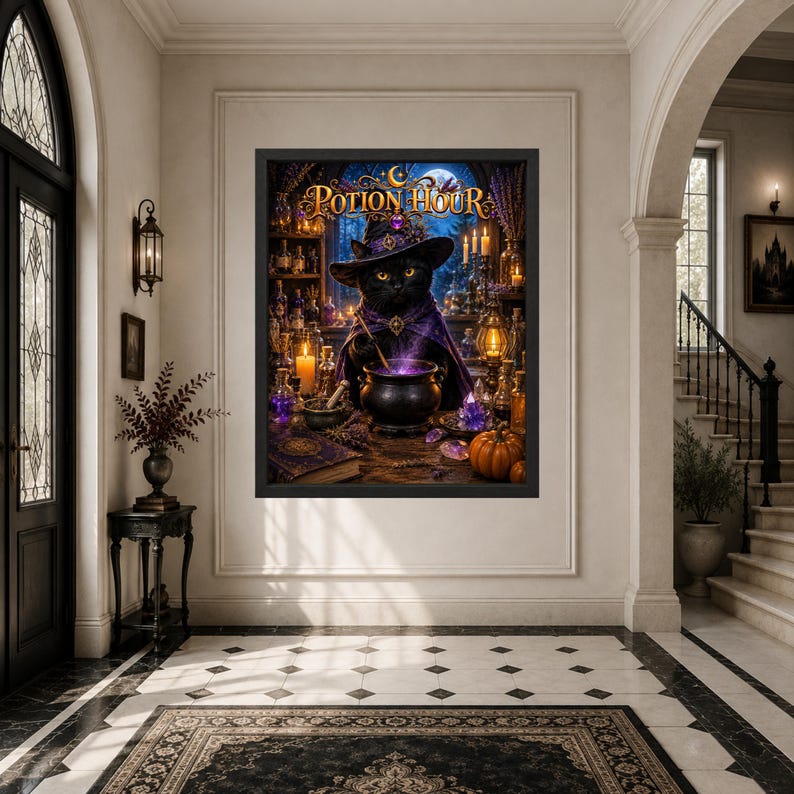 May include: A framed wall art print titled Potion Hour featuring a black cat wearing a purple witch hat and cape, stirring a glowing purple cauldron. The scene includes candles, potion bottles, crystals, and a pumpkin on a wooden table.