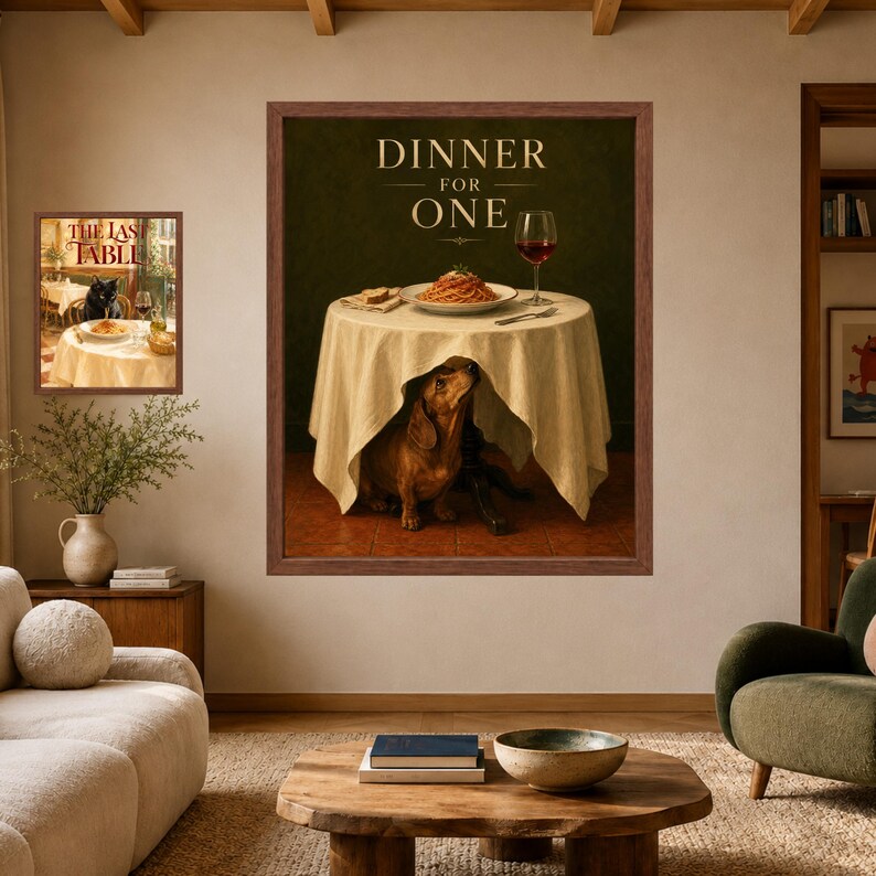 Dachshund Wall Art, Funny Kitchen Poster, Spaghetti Dog Print, Dinner for One, Digital Download image 3