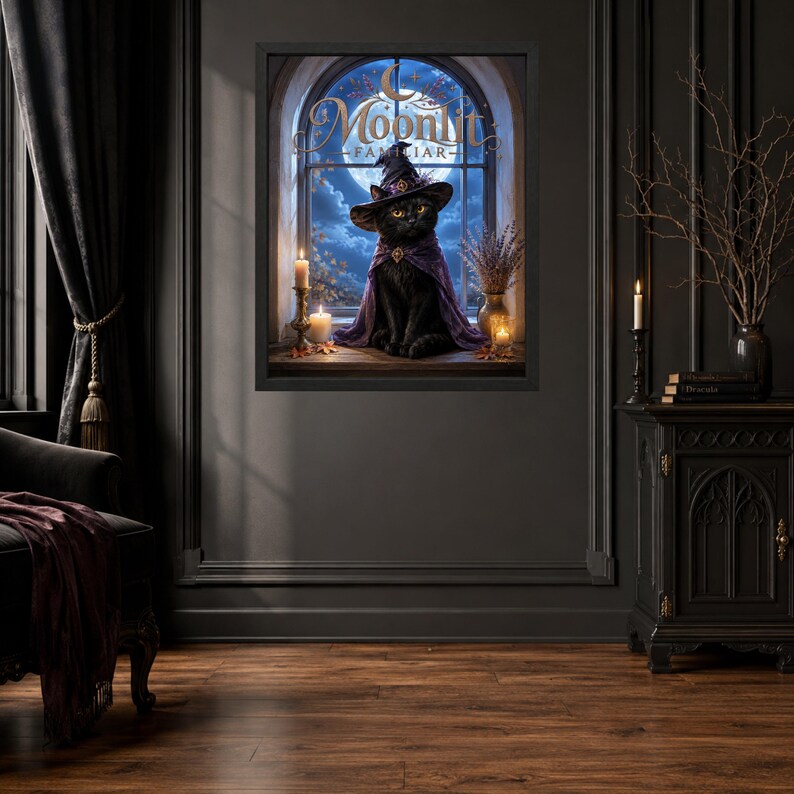 K&ouml;nnte beinhalten: Ein gerahmter Kunstdruck mit dem Titel Moonlit Familiar zeigt eine schwarze Katze mit violettem Hexenhut und Umhang, die auf einem Fensterbrett vor einem Vollmond sitzt. Die Szene enth&auml;lt brennende Kerzen, getrockneten Lavendel und herbstliche Bl&auml;tter.