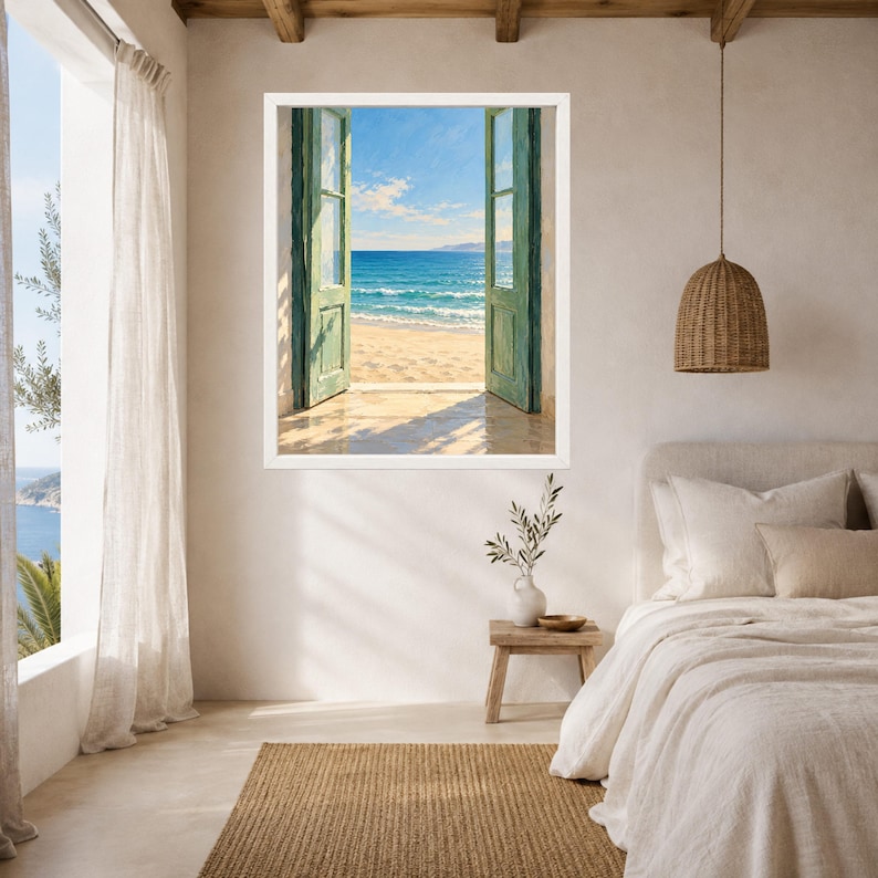 Open Door Sea View Print, Mediterranean Coastal Art, Green Door Beach Decor (Digital Download) image 5