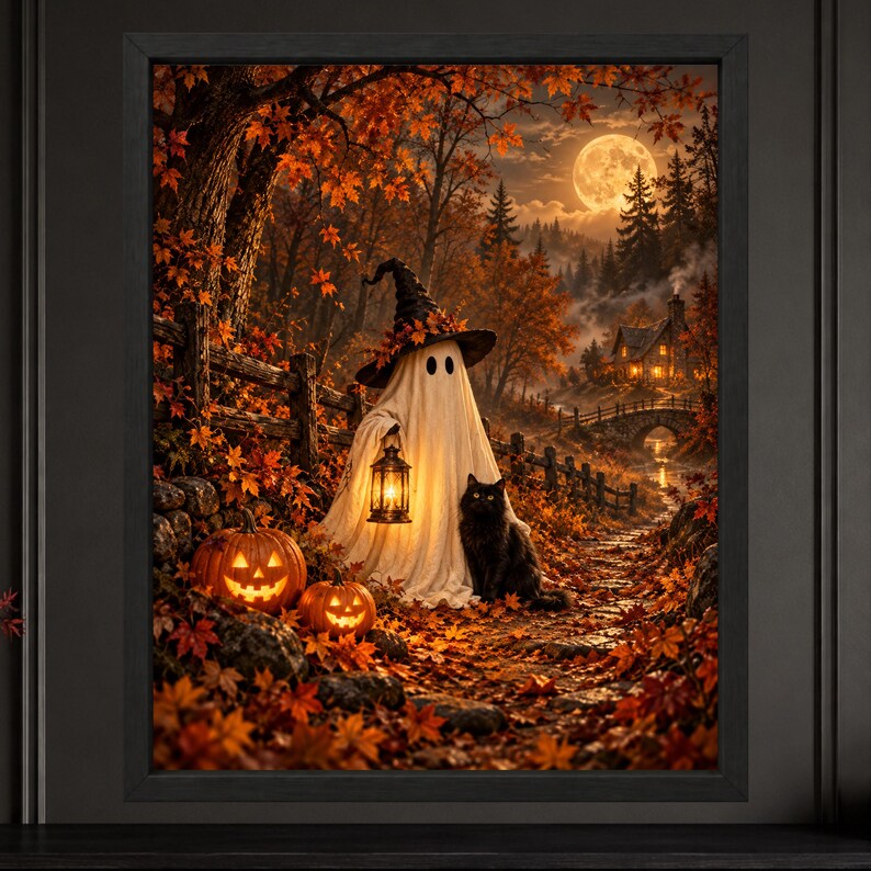 Estampado de fantasma y sombrero de bruja, gato negro en el bosque otoñal (descarga digital) imagen 2