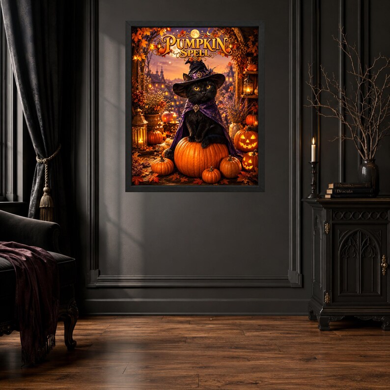 May include: A framed wall art print titled Pumpkin Spell featuring a black cat wearing a purple witch hat and cape, perched atop a large orange pumpkin. The scene is set in an autumn forest with glowing lanterns, fallen leaves, and multiple pumpkins.
