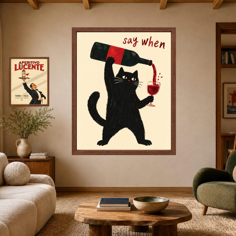 Funny Black Cat Wine Art Print, Say When Kitchen Poster (Digital Download) image 7