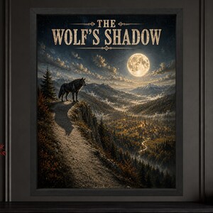 May include: A framed wall art print titled THE WOLF'S SHADOW, featuring a dark wolf standing on a cliff edge overlooking a valley town at night. A large full moon illuminates the mountain landscape, pine trees, and a winding path under a starry sky.