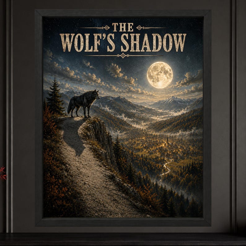 May include: A framed wall art print titled THE WOLF'S SHADOW, featuring a dark wolf standing on a cliff edge overlooking a valley town at night. A large full moon illuminates the mountain landscape, pine trees, and a winding path under a starry sky.