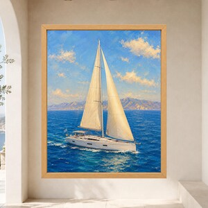 May include: A framed oil painting depicting a white sailboat with full sails navigating deep blue ocean waters under a bright sky with scattered clouds. In the distance, a mountain range is visible on the horizon, and a small Greek flag is attached.