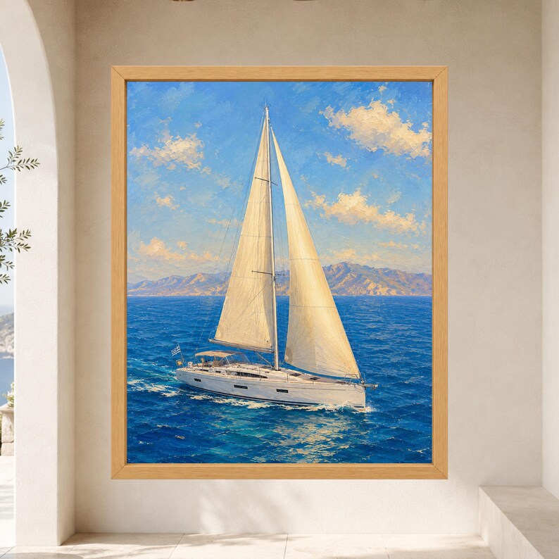 May include: A framed oil painting depicting a white sailboat with full sails navigating deep blue ocean waters under a bright sky with scattered clouds. In the distance, a mountain range is visible on the horizon, and a small Greek flag is attached.