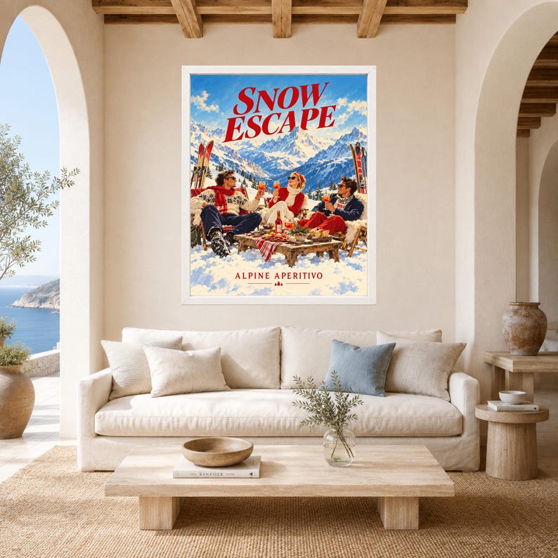 Vintage Alpine Ski Lodge Print, Snow Escape Aperitivo Gathering (Digital Download) image 3