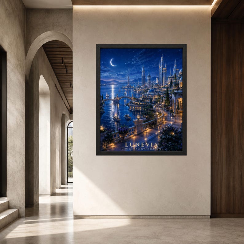 Pu&ograve; includere: Una stampa artistica da parete rettangolare incorniciata che raffigura una citt&agrave; costiera fantastica di notte sotto una luna crescente. La scena presenta torri illuminate, ponti di pietra e barche su acqua blu. Il testo LUNEVIA City of the Moonlit Harbors &egrave; visibile.