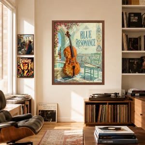 Puede incluir: Una l&aacute;mina de arte enmarcada titulada Blue Resonance que muestra un violonchelo marr&oacute;n junto a una silla verde claro en un patio con azulejos. La escena incluye un arco de piedra, una peque&ntilde;a fuente y flores rosas. El texto Blue Resonance est&aacute; impreso en azul.