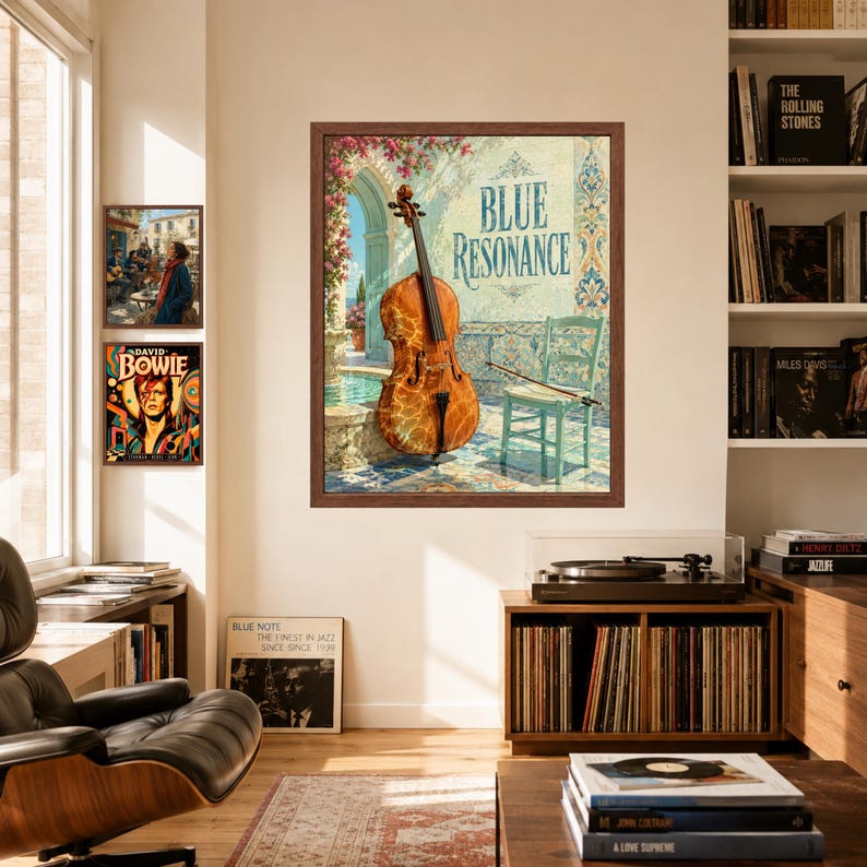 Puede incluir: Una l&aacute;mina de arte enmarcada titulada Blue Resonance que muestra un violonchelo marr&oacute;n junto a una silla verde claro en un patio con azulejos. La escena incluye un arco de piedra, una peque&ntilde;a fuente y flores rosas. El texto Blue Resonance est&aacute; impreso en azul.
