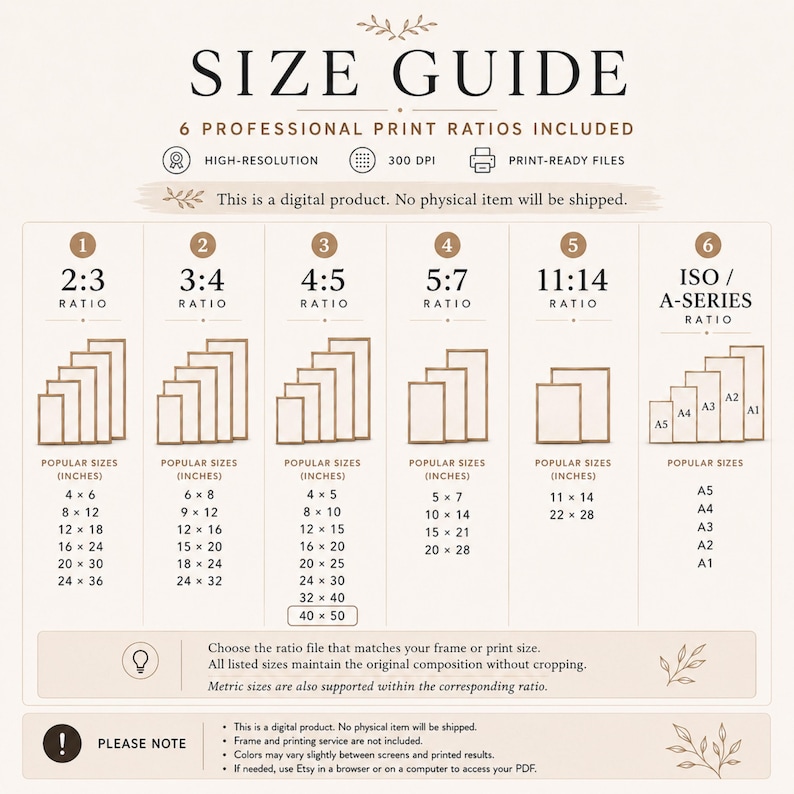 Op de afbeelding: Een digitale maattabel met zes professionele afdrukverhoudingen: 2:3, 3:4, 4:5, 5:7, 11:14 en ISO/A-serie. De tabel toont populaire formaten in inches voor elke verhouding, waaronder 4x6, 8x10, 11x14 en A1 tot A5, met iconen voor hoge resolutie en 300 DPI.