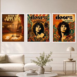 May include: Three framed wall art prints. The left print shows a stage with a microphone, stool, and the text "AFTER THE APPLAUSE". The middle and right prints feature portraits of Jim Morrison with "THE DOORS" text and colourful psychedelic patterns.