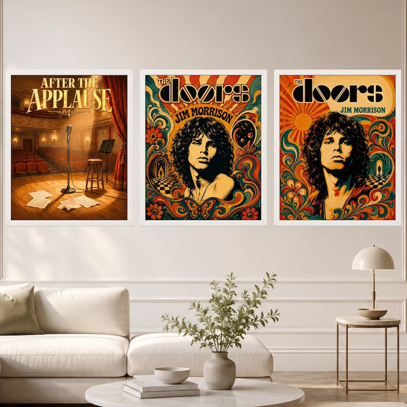 May include: Three framed wall art prints. The left print shows a stage with a microphone, stool, and the text "AFTER THE APPLAUSE". The middle and right prints feature portraits of Jim Morrison with "THE DOORS" text and colourful psychedelic patterns.