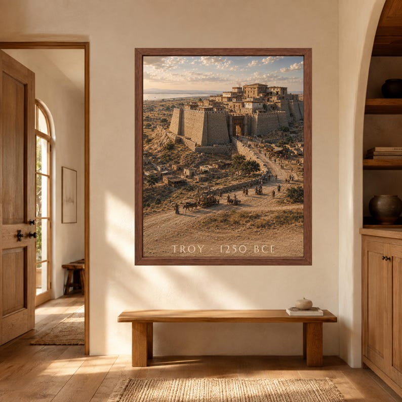 Puede incluir: Una impresi&oacute;n de arte mural enmarcada que representa una antigua ciudad fortificada con muros y torres de piedra, situada en un paisaje seco bajo un cielo suave. El texto TROY 1250 BCE est&aacute; impreso en oro en la parte inferior central de la imagen.