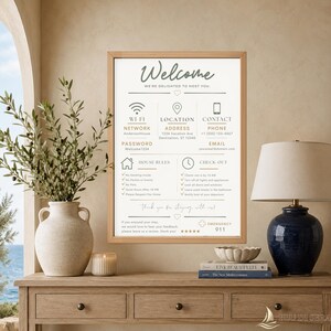 May include: A framed white sign with black and gold text providing vacation rental information including Wi-Fi, location, contact details, house rules, and check-out instructions. The sign features icons for network, location, phone, house, and clock.
