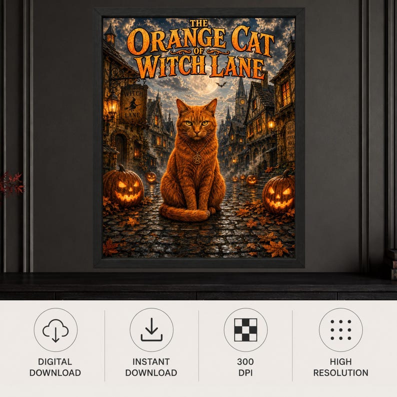 May include: A framed digital art print titled The Orange Cat of Witch Lane, featuring a ginger cat sitting on a cobblestone street at night. The scene includes glowing jack-o'-lanterns, old buildings, a full moon, and scattered autumn leaves.