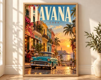 Havana Cuba Travel Poster, Classic Car, Tropical Sunset (Digital Download)