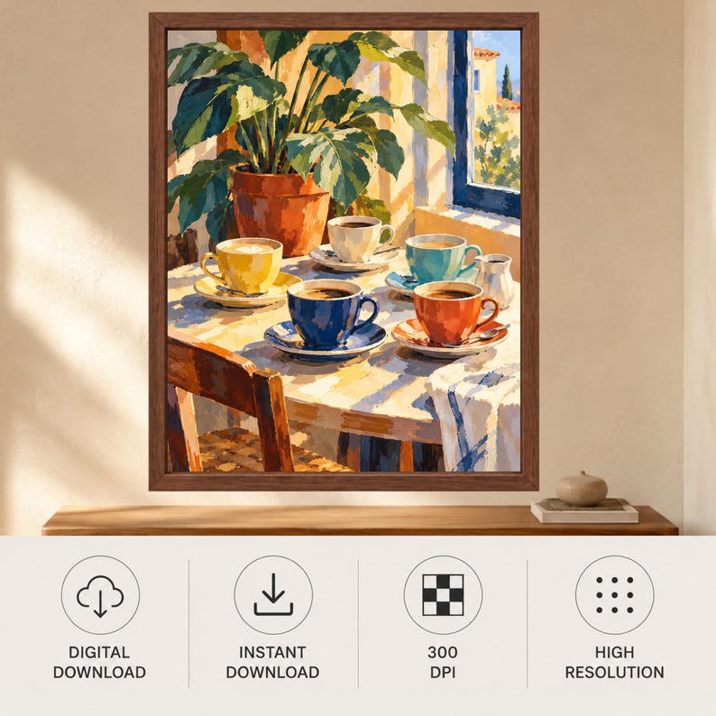 Mediterranean Coffee Cups Print, Colorful Kitchen Art, Painterly Café Scene (Digital Download) image 10