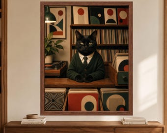 Black Cat Record Store Art, Retro Vinyl Room Decor (Digital Download)