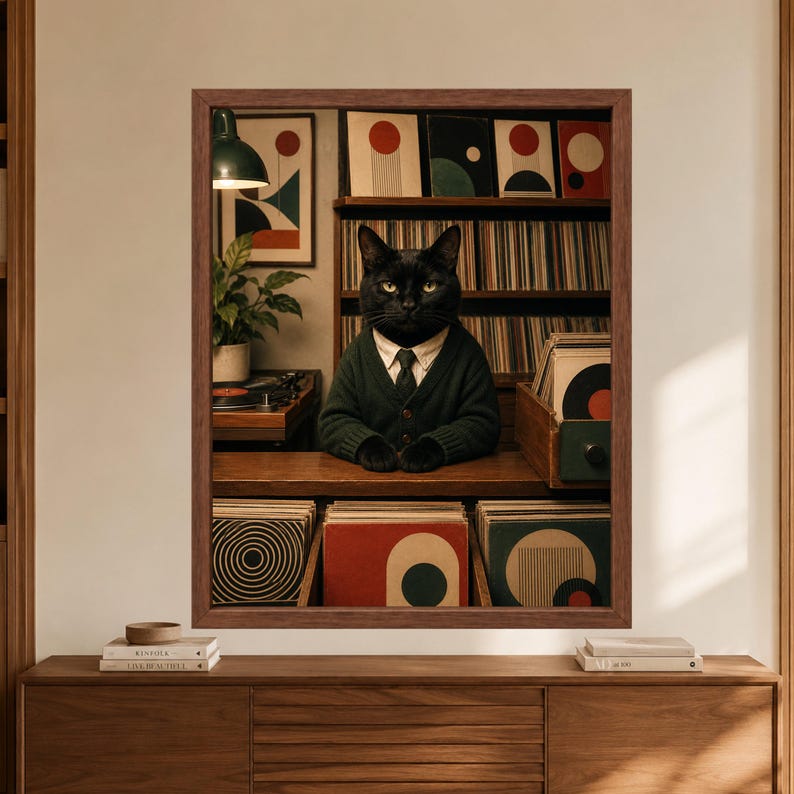 Framed black cat record store wall art showing a black cat in a green cardigan and tie behind a wooden counter, surrounded by vinyl records, a turntable and geometric album covers.