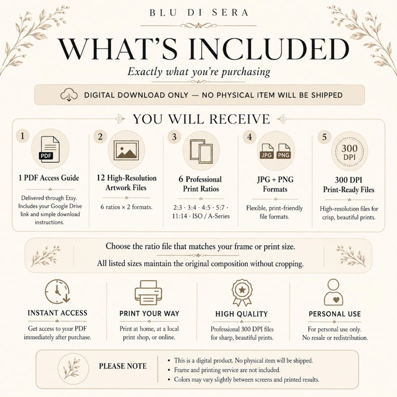 May include: An informational graphic titled BLU DI SERA WHAT'S INCLUDED, detailing a digital download purchase. It lists 1 PDF access guide, 12 high-resolution artwork files, 6 print ratios, JPG and PNG formats, and 300 DPI print-ready files.