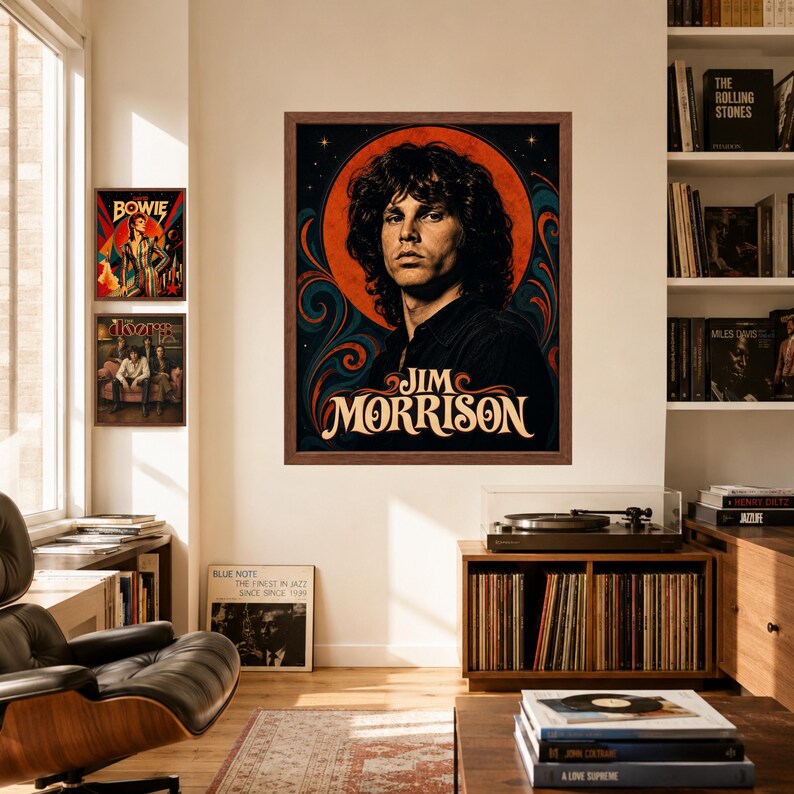 May include: A framed wall poster featuring a portrait of Jim Morrison with curly hair, set against a circular orange background with blue and orange swirling patterns and stars. The text JIM MORRISON is printed in a stylized font at the bottom.