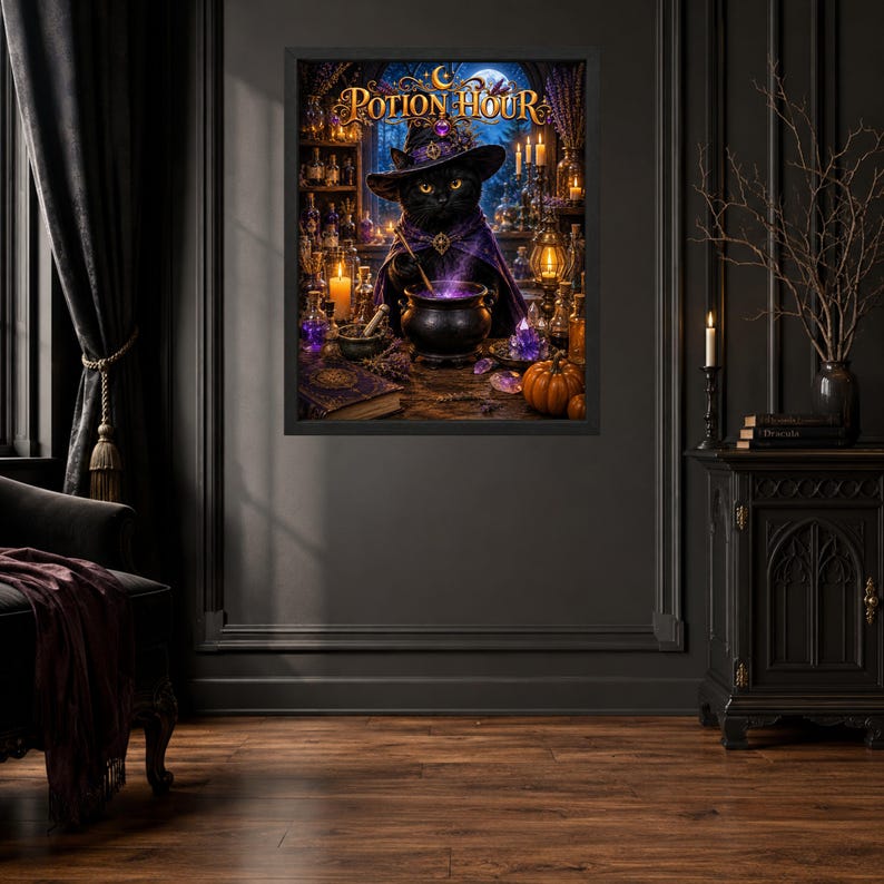 May include: A framed wall art print titled Potion Hour featuring a black cat wearing a purple witch hat and cape, stirring a glowing cauldron. The scene includes glass potion bottles, candles, a pumpkin, and crystals in a dark, magical setting.