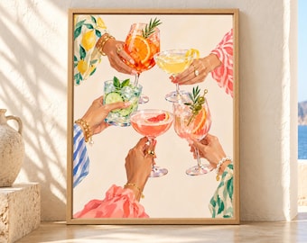 Colorful Cocktail Cheers Print, Girls Night Aperitivo Art (Digital Download)