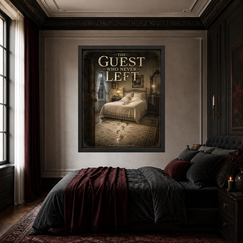 May include: A framed wall poster titled The Guest Who Never Left, featuring a dark, atmospheric bedroom scene with a made bed, a window, and visible footprints on the floor leading into the room, all rendered in muted, sepia-toned vintage colors.