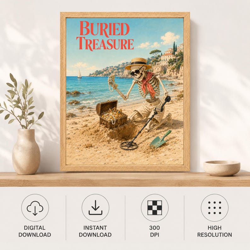 Puede incluir: Una impresi&oacute;n art&iacute;stica enmarcada titulada BURIED TREASURE que muestra un esqueleto con sombrero de paja y gafas de sol en una playa. El esqueleto sostiene un collar de perlas junto a un cofre del tesoro abierto, un detector y una pala.