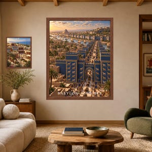 May include: A large framed wall art print depicting an ancient city scene with blue gates adorned with golden animal figures, featuring the text BABYLON 550 BCE. The artwork shows a bustling street leading to a grand arched entrance at sunset.