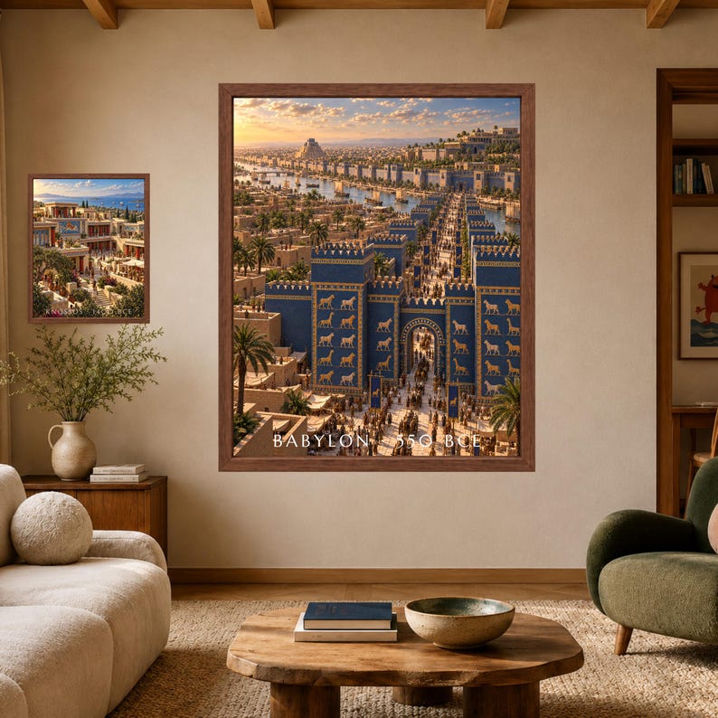 May include: A large framed wall art print depicting an ancient city scene with blue gates adorned with golden animal figures, featuring the text BABYLON 550 BCE. The artwork shows a bustling street leading to a grand arched entrance at sunset.