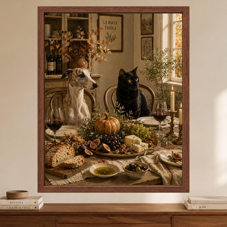 Op de afbeelding: Een ingelijste kunstdruk met een gestroomde windhond en een zwarte kat aan een eettafel gedekt met een feestmaal van brood, druiven, vijgen, kaas, een pompoen en wijnglazen, met de tekst LA DOLCE TAVOLA zichtbaar op een bord aan de muur.