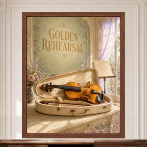 Pu&ograve; includere: Una stampa artistica da parete incorniciata che mostra un violino in legno all'interno di una custodia aperta foderata in velluto color crema. Lo sfondo mostra una stanza con finestra, leggio e un vaso di fiori, con il testo Golden Rehearsal.