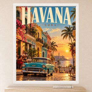 Havana Cuba Travel Poster, Classic Car, Tropical Sunset (Digital Download) image 2