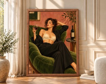Woman With Wine Wall Art, Green Velvet Lounge Print, Fashion Poster (Digital Download)