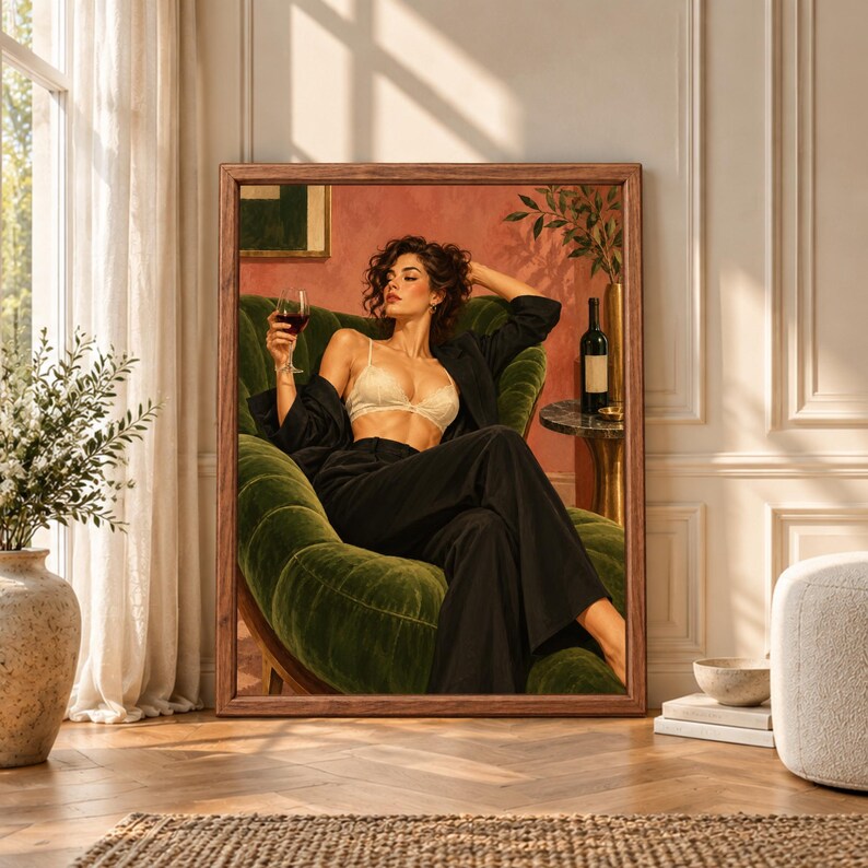 Framed feminine wall art showing a stylish woman relaxing in a deep green velvet chair with a glass of red wine, black suit and cream lace top against a warm terracotta wall.