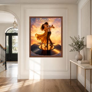 May include: A framed wall art print titled Last Dance featuring a couple dancing on a large black vinyl record against a golden sunset sky. The person on the left wears a flowing yellow dress, and the person on the right wears a white shirt and dark trousers.