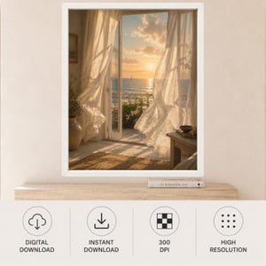 Mediterranean Window Art, Sheer Curtains, Sunset Sailboat (Digital Download) image 11