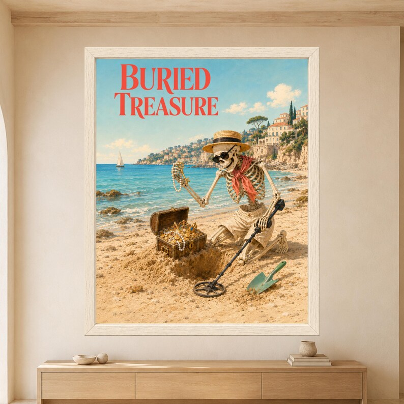 Framed Buried Treasure skeleton wall art featuring a sunglasses-wearing skeleton using a metal detector beside an open treasure chest filled with gold and pearls on a sunny Mediterranean beach.