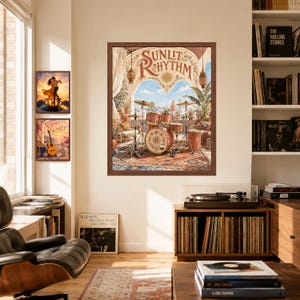 May include: A framed wall art print titled Sunlit Rhythm featuring a drum set on a balcony overlooking a city, with two smaller framed prints nearby showing a couple dancing on a vinyl record and a guitar on a balcony at sunset.