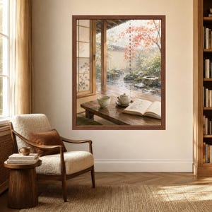May include: A framed wall art print depicting a rainy garden scene viewed from a wooden porch. The image shows a low wooden table with a ceramic teapot, a teacup, and an open book, set against a backdrop of autumn foliage and stone elements.