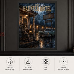 May include: A framed wall art print titled The Haunted Motel featuring a skeleton in a cowboy hat sitting on a porch rocking chair holding a lantern. A vintage teal car is parked on a wet pavement in front of a dark motel building under a full moon.