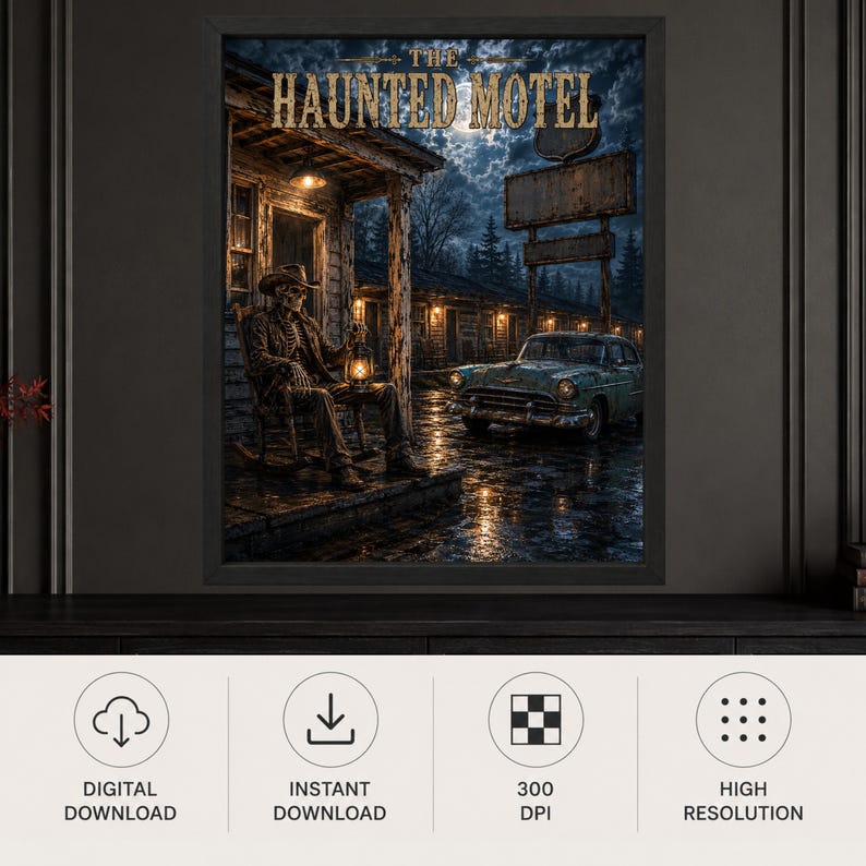 May include: A framed wall art print titled The Haunted Motel featuring a skeleton in a cowboy hat sitting on a porch rocking chair holding a lantern. A vintage teal car is parked on a wet pavement in front of a dark motel building under a full moon.