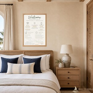 May include: A rectangular wall sign with a light wood frame featuring a white background and dark gray text. The sign displays a welcome message, Wi-Fi network and password, location, contact phone and email, house rules, and check-out information.