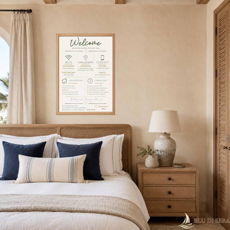 May include: A rectangular wall sign with a light wood frame featuring a white background and dark gray text. The sign displays a welcome message, Wi-Fi network and password, location, contact phone and email, house rules, and check-out information.