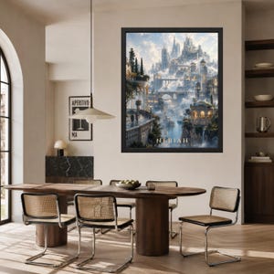 Pu&ograve; includere: Una stampa artistica da parete verticale incorniciata intitolata NEBIAH City of Bridges Above the Clouds, che raffigura un paesaggio urbano fantasy con architettura in pietra, ponti ad arco e torri immersi tra nuvole e acqua, in cornice nera.