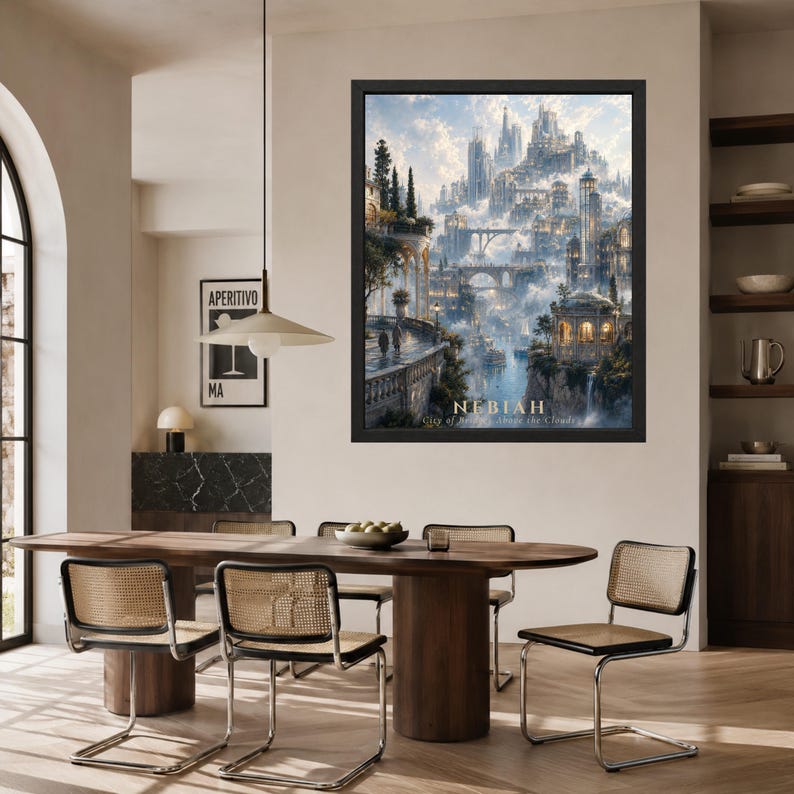 Pu&ograve; includere: Una stampa artistica da parete verticale incorniciata intitolata NEBIAH City of Bridges Above the Clouds, che raffigura un paesaggio urbano fantasy con architettura in pietra, ponti ad arco e torri immersi tra nuvole e acqua, in cornice nera.