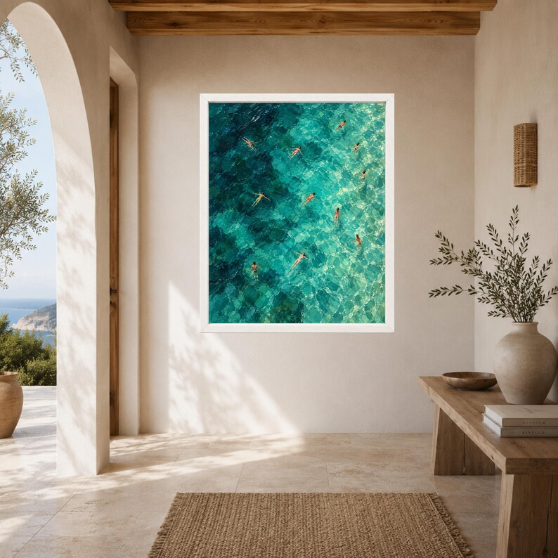 Aerial Ocean Swimmers Print, Turquoise Sea Pattern, Coastal Art (Digital Download) image 6